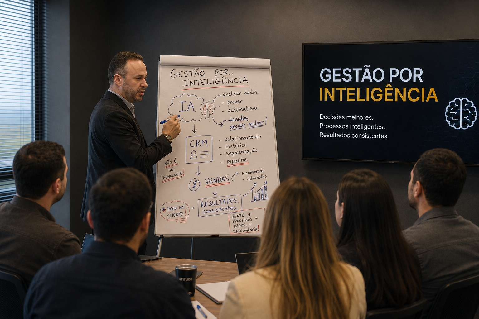 Leandro Bontempeli apresentando Gestão por Inteligência em sala corporativa